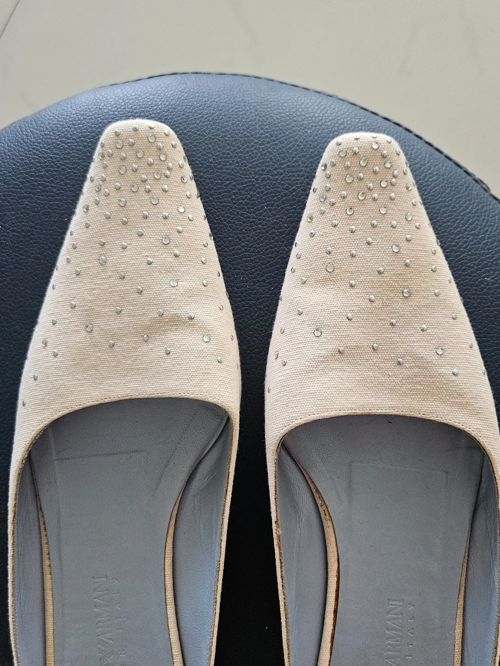 Emporio Armani Beige Studded Pointed-Toe Flats, Size 9